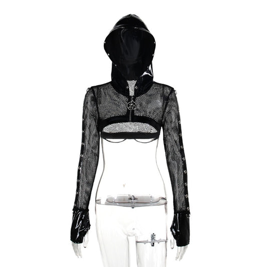Fishnet Zip-Up Faux Pu Hooded Crop Jacket
