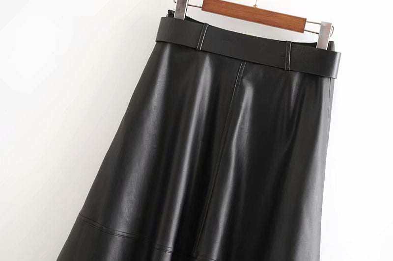 Belted Longer Faux Leather Skirt