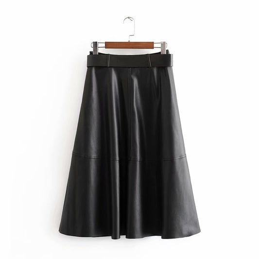 Belted Longer Faux Leather Skirt