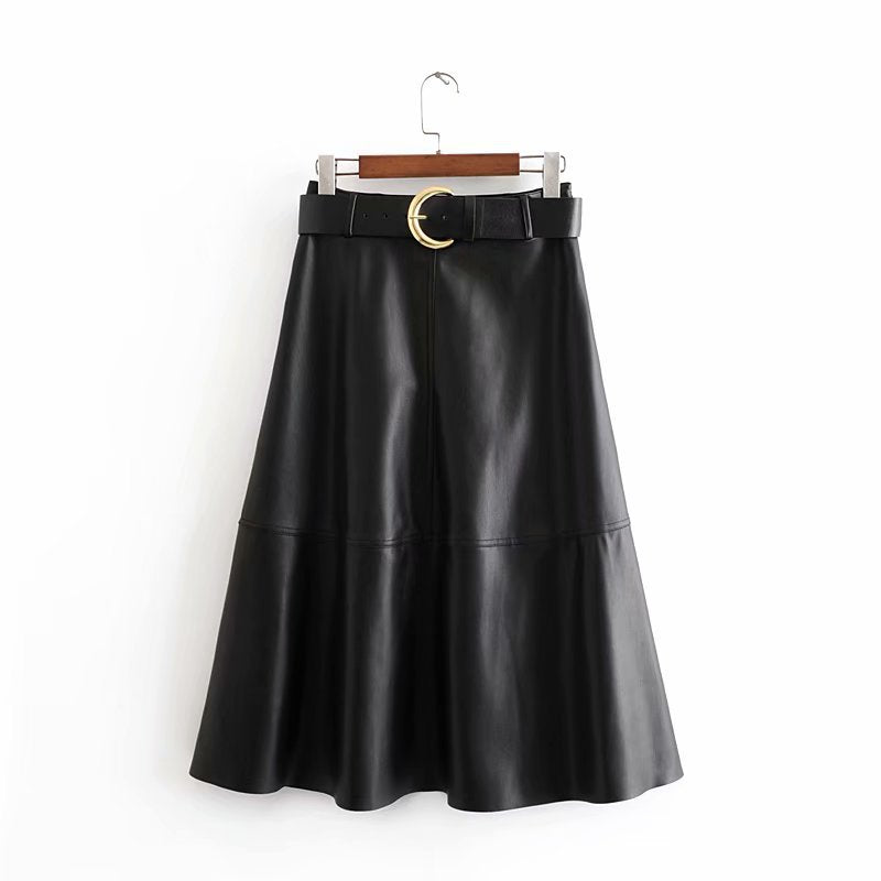 Belted Longer Faux Leather Skirt